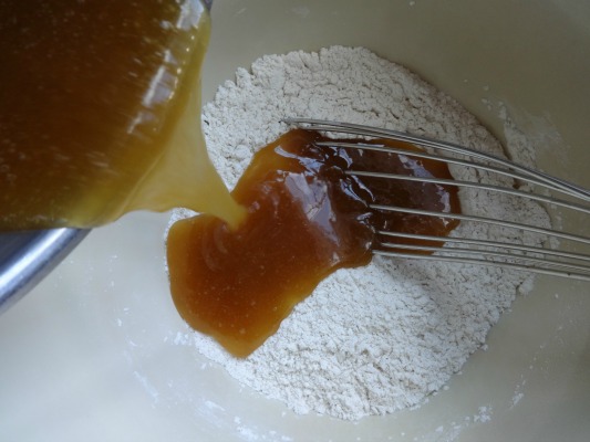 Stir in liquid ingredients into dry ingredients