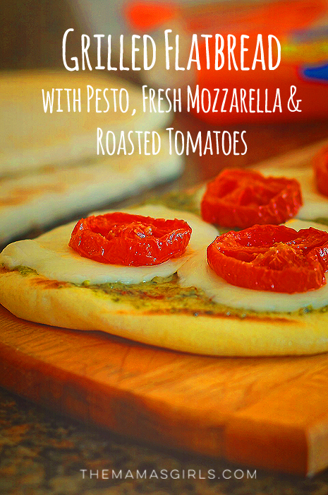 Grilled Flatbread with Pesto Mozzarela and Roasted Tomatoes